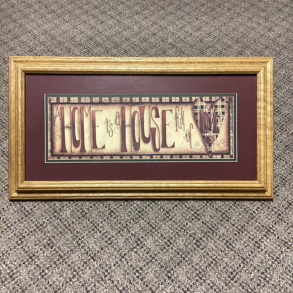 Primitive Solid Wood Burgundy Home Is A House Full of Love Framed Wall Art